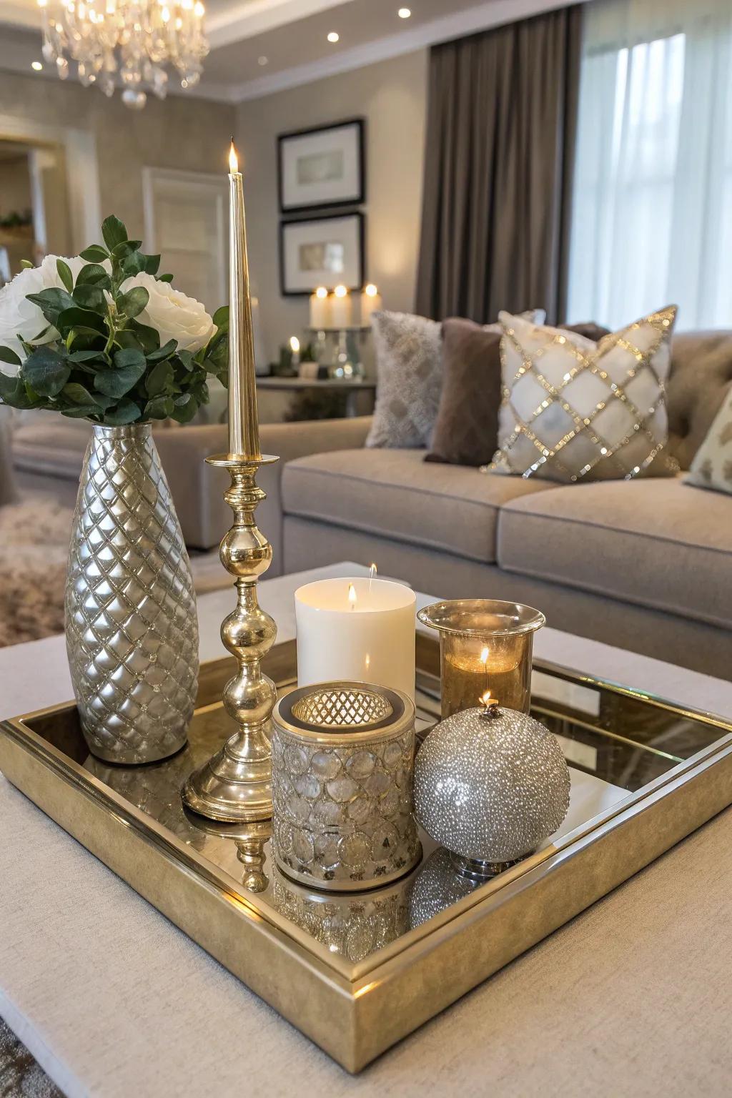 Refined radiance using metallic accents upon a serving board.