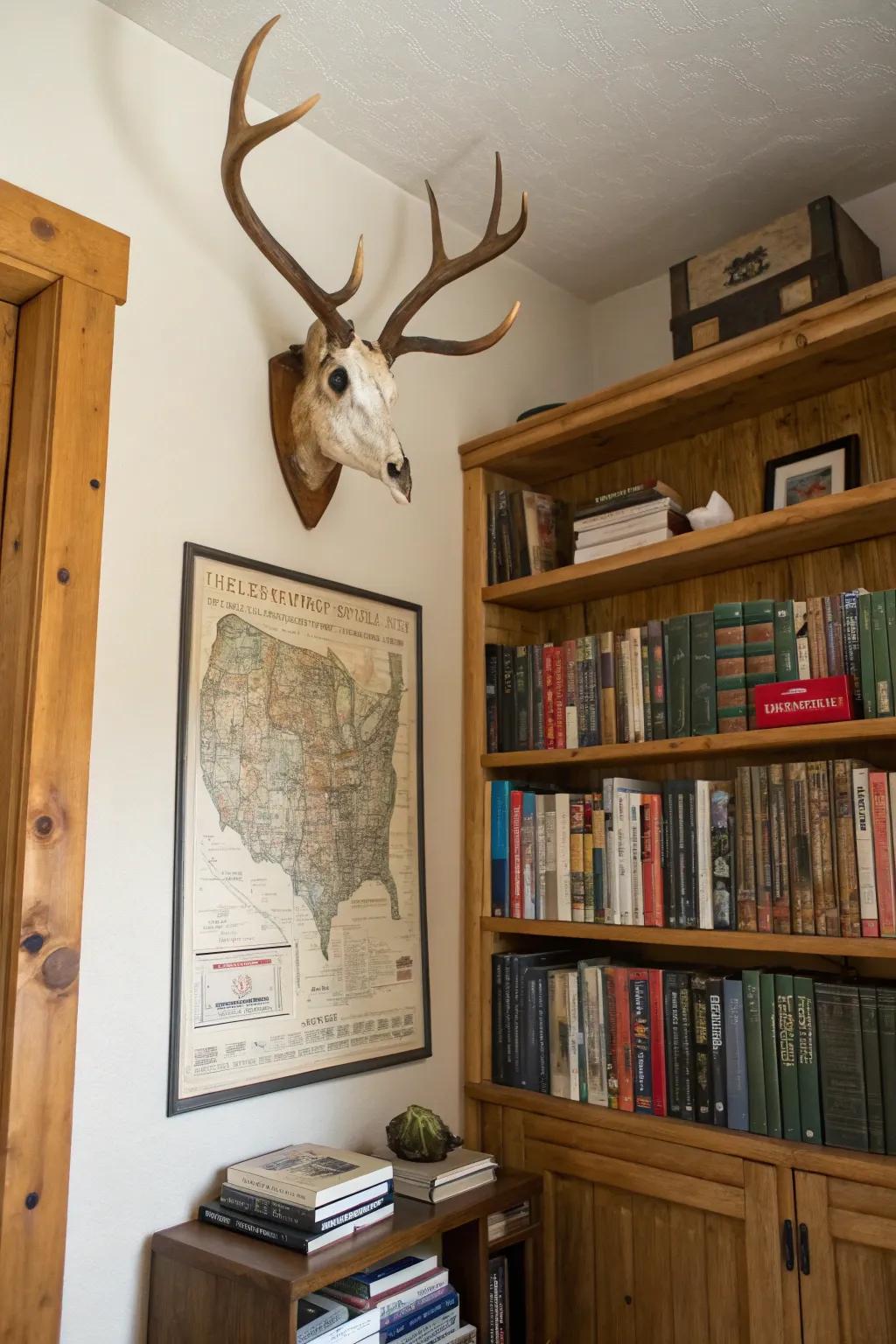 A vintage chart backdrop incorporates an adventurous theme to a deer skull mount.