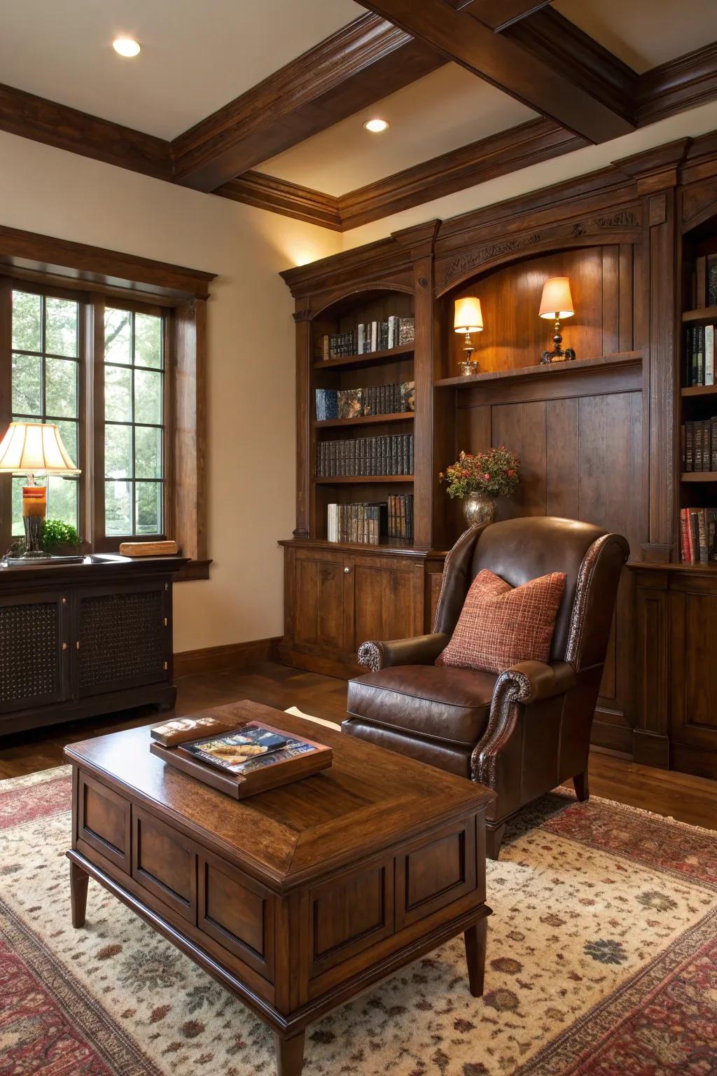 A den featuring design components that are timeless and classic.