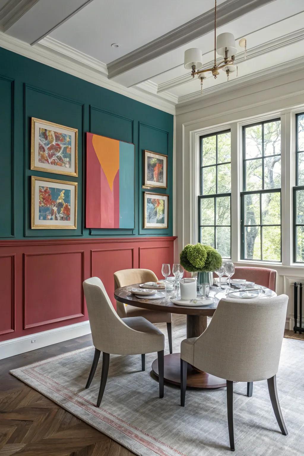 In the dining area, bold color block wainscoting creates a striking statement.