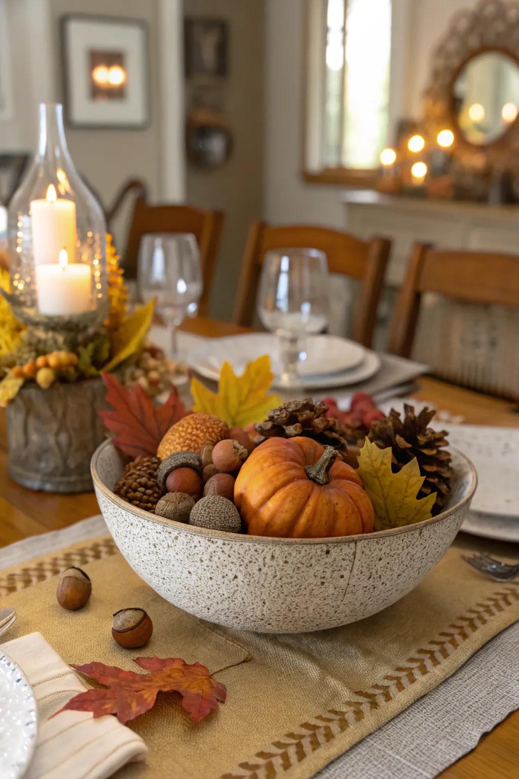 A dining table featuring a textured bowl as a focal point.