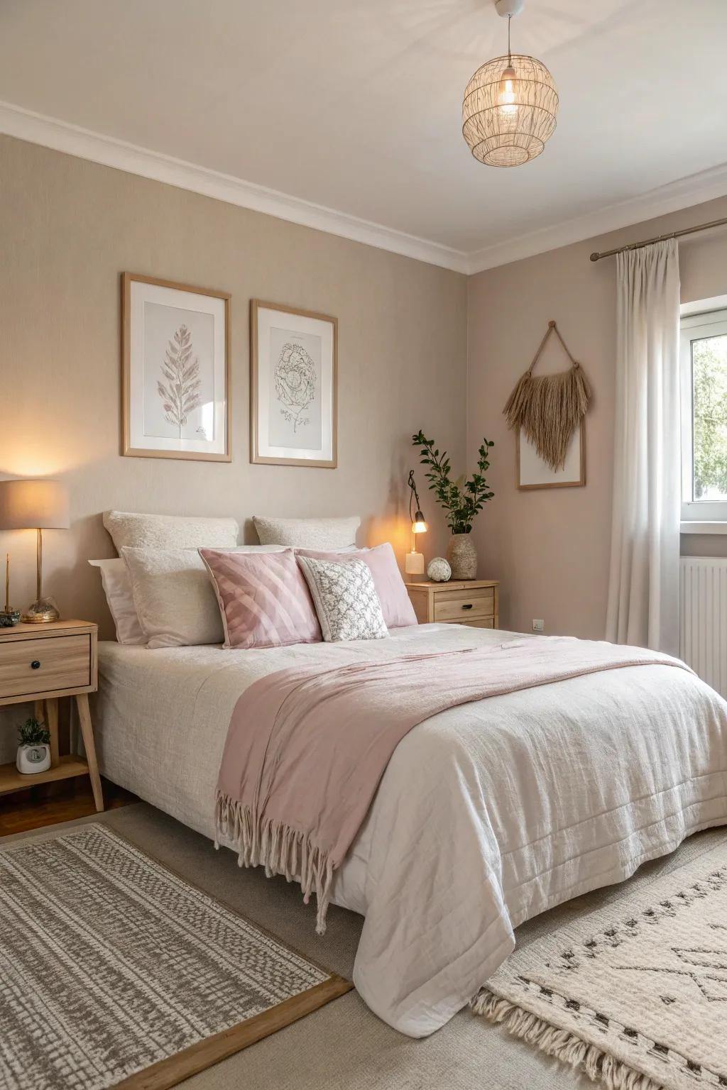 A bedroom with subdued, neutral color tones fostering serenity.