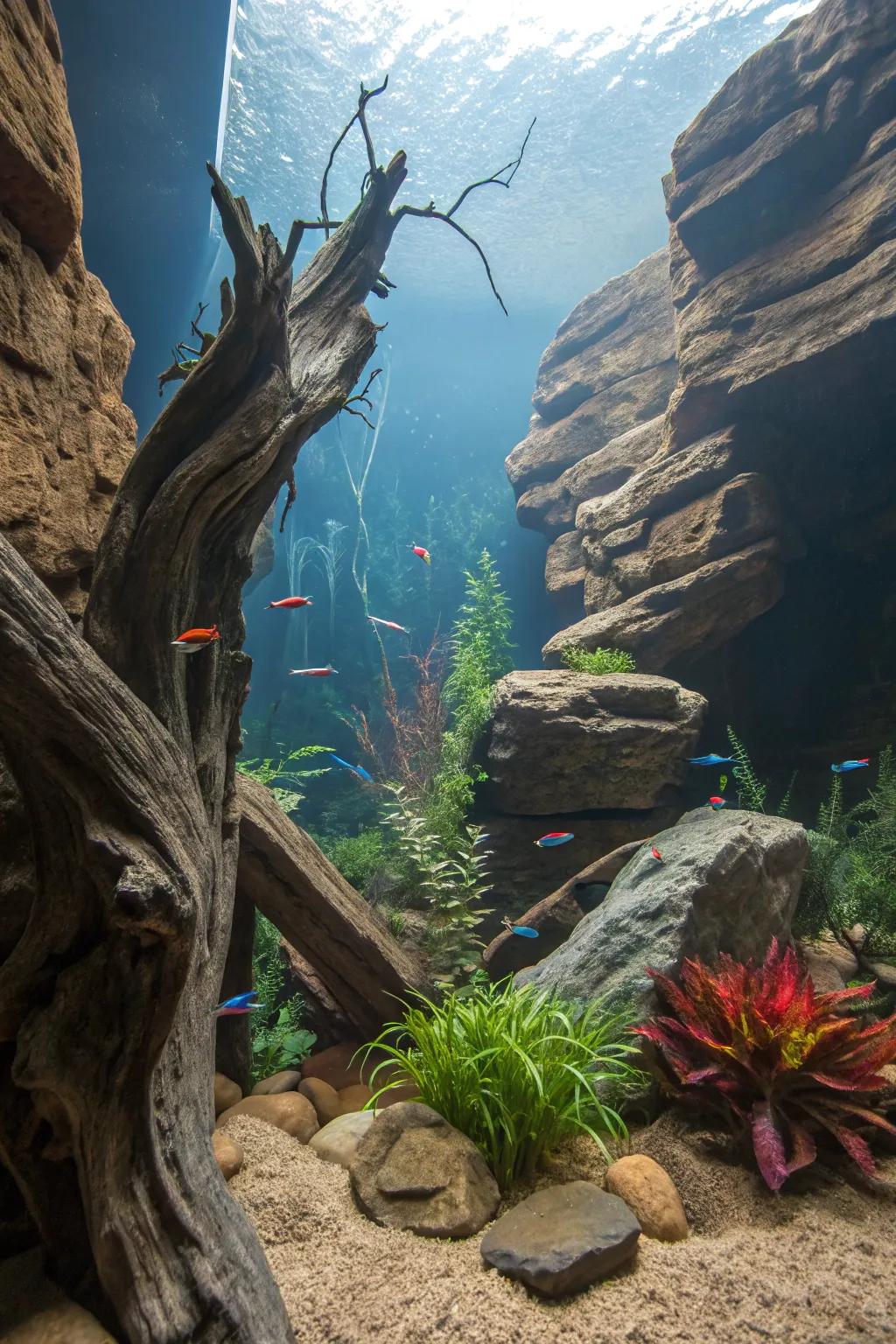An adventurous canyon landscape waterscape featuring contrasting aquatic wood and stones.