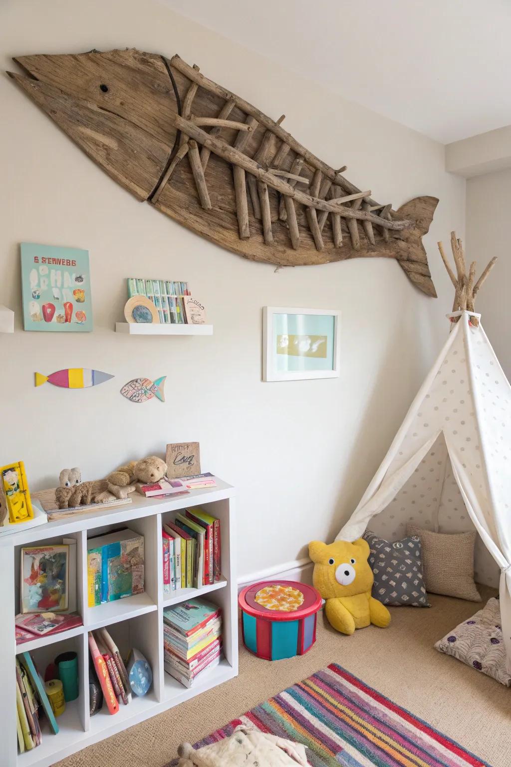 Driftwood fish art introduces a hint of playfulness to your layout.
