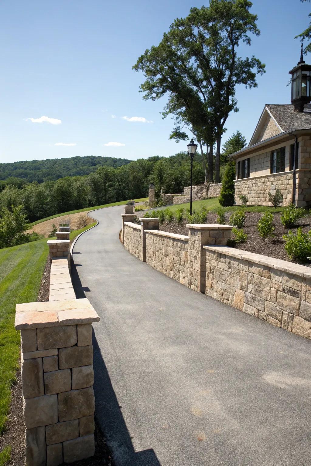 Stone retaining walls bring dimension and refinement to inclined driveways.