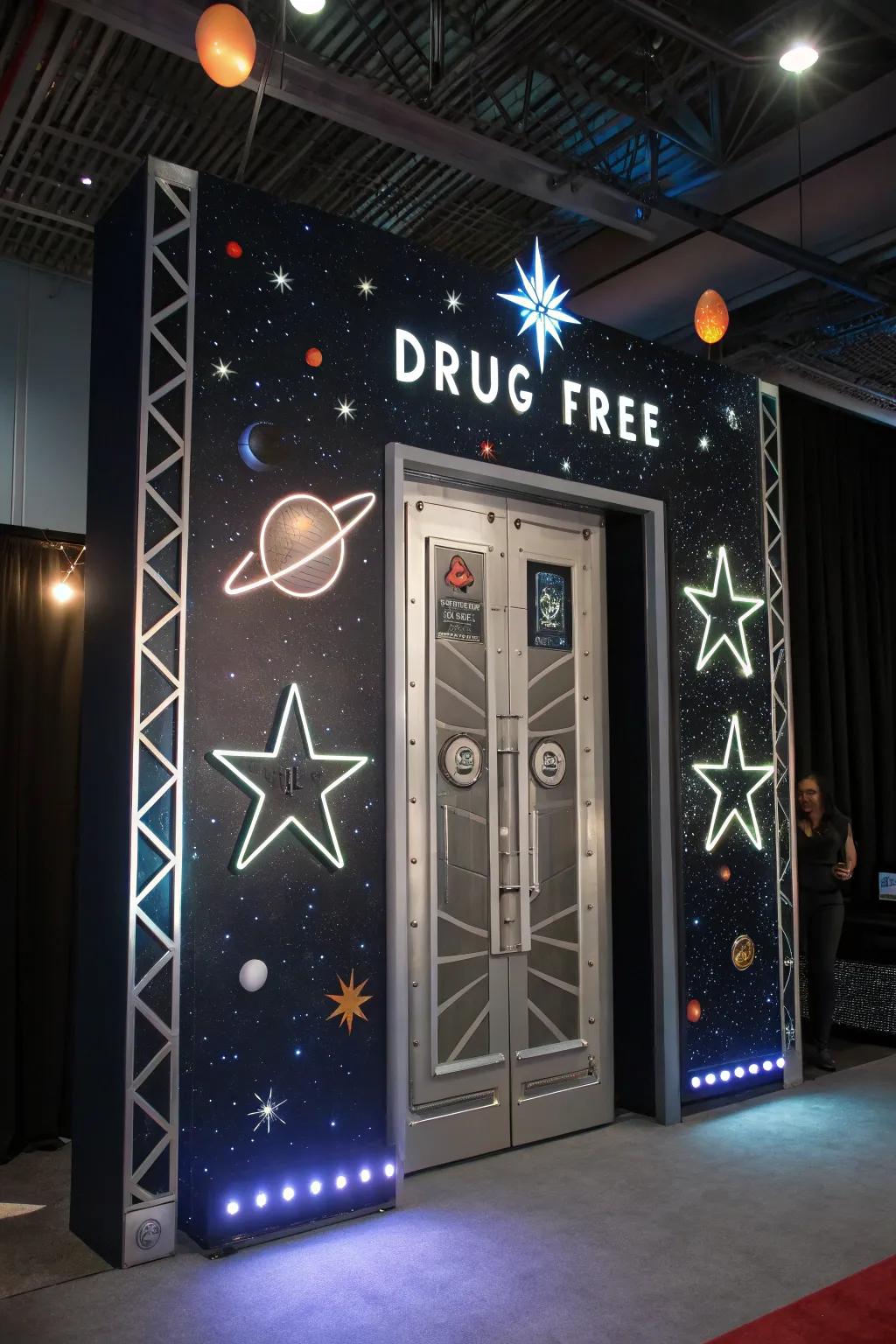 A futuristic-themed door encouraging a substance-free future.