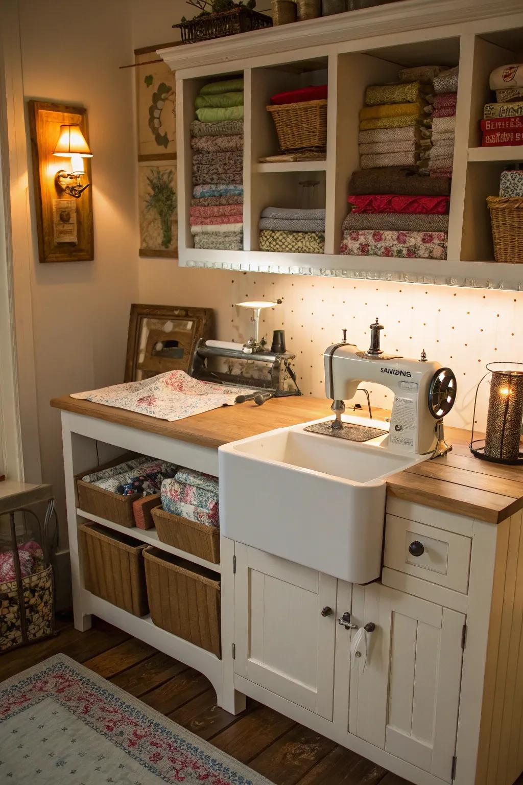 A sewing station established from a practical reclaimed storage unit.