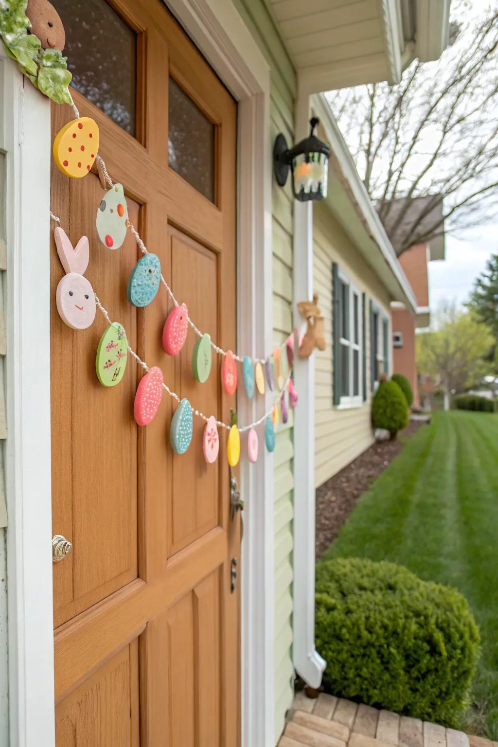 A clay Easter festoon incorporates artisanal allure and ingenuity.