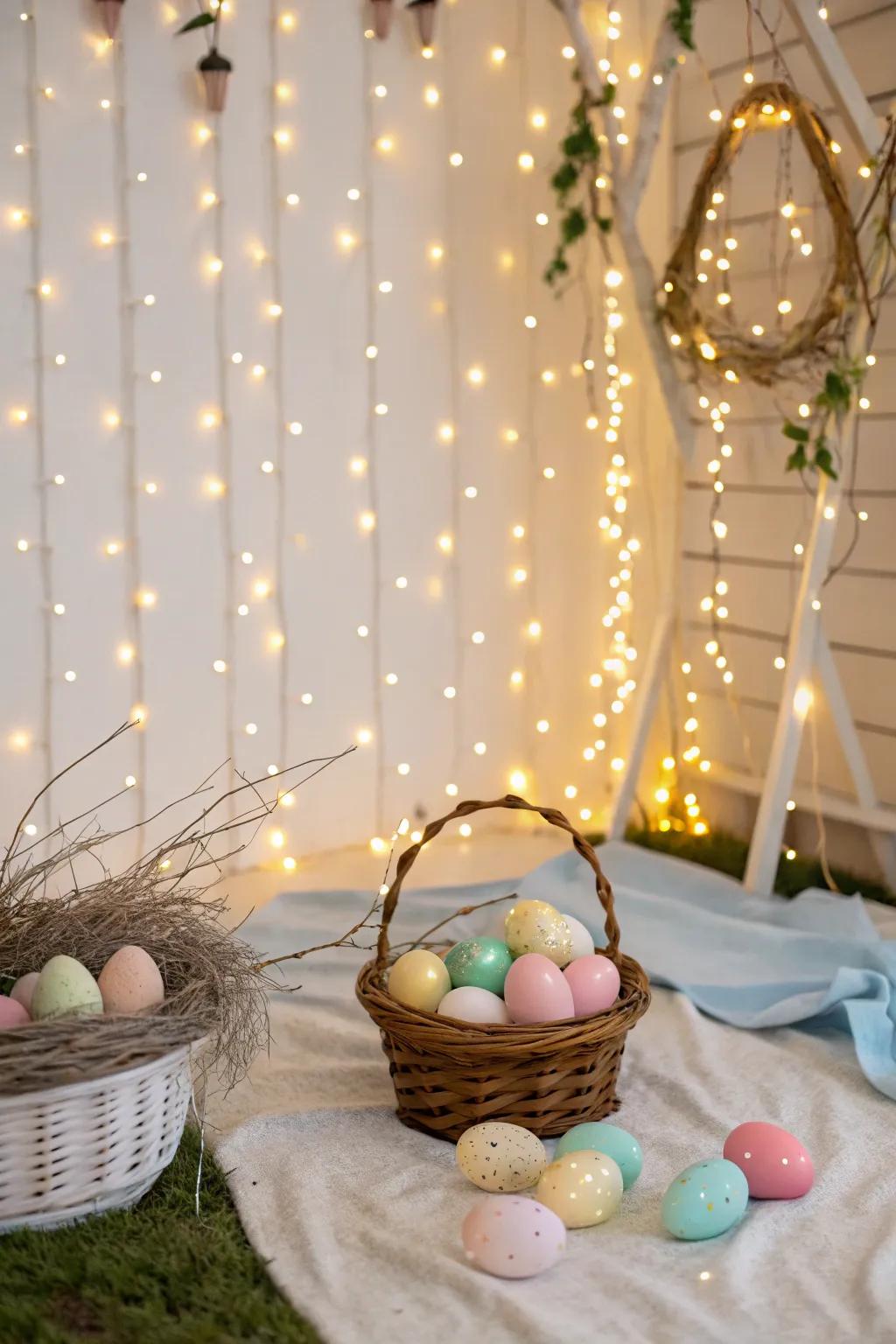Twinkle lights draped around the backdrop fashion an ethereal and whimsical Easter photographic scene.