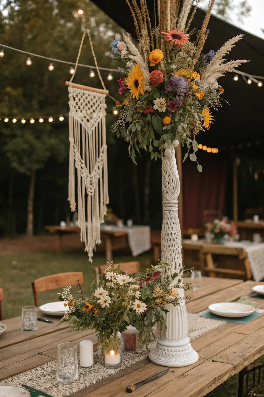 Bohemian style with macrame and wildflowers