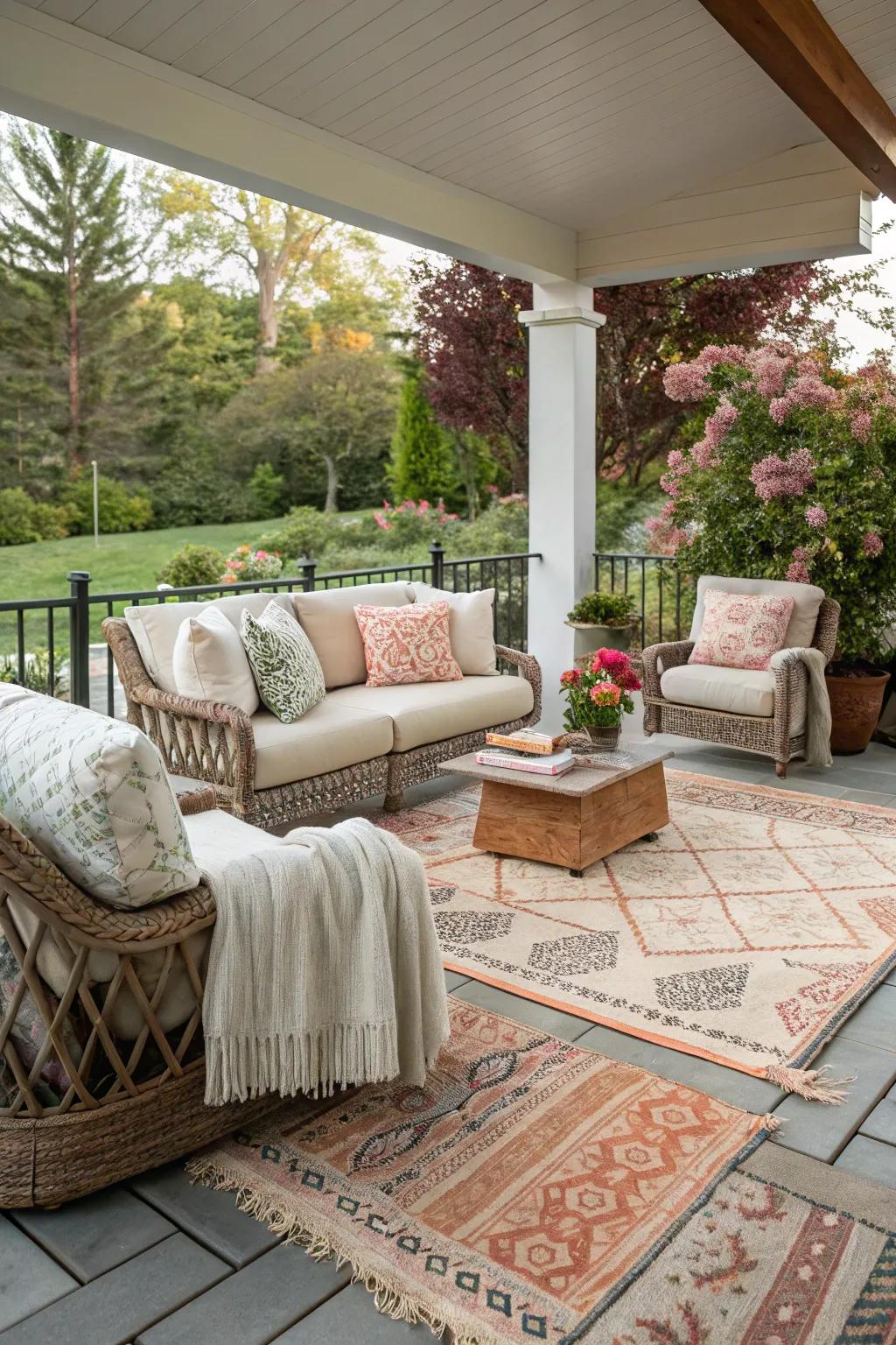 Textured layers establish a comfortable and cohesive outdoor area.