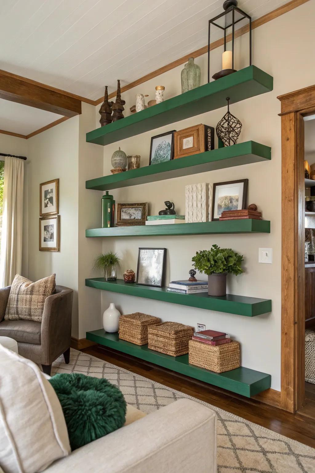 Deep green floating shelves introduce a vibrant color and are highly functional.
