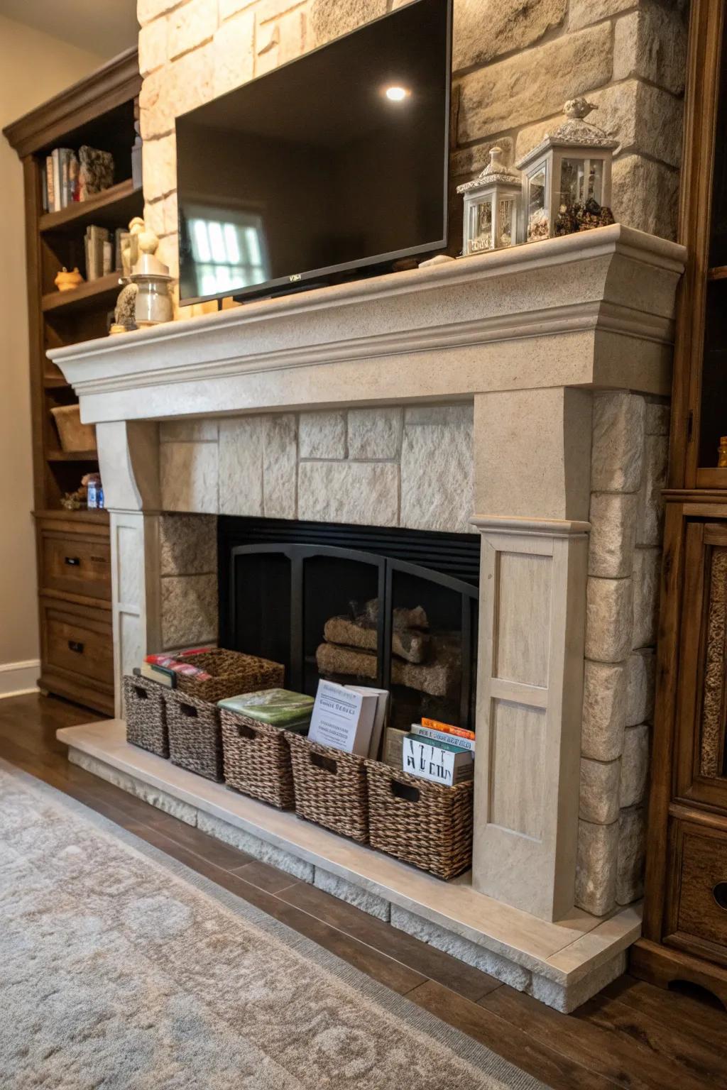 Integrate practical elements by using secret storage inside your fireplace.