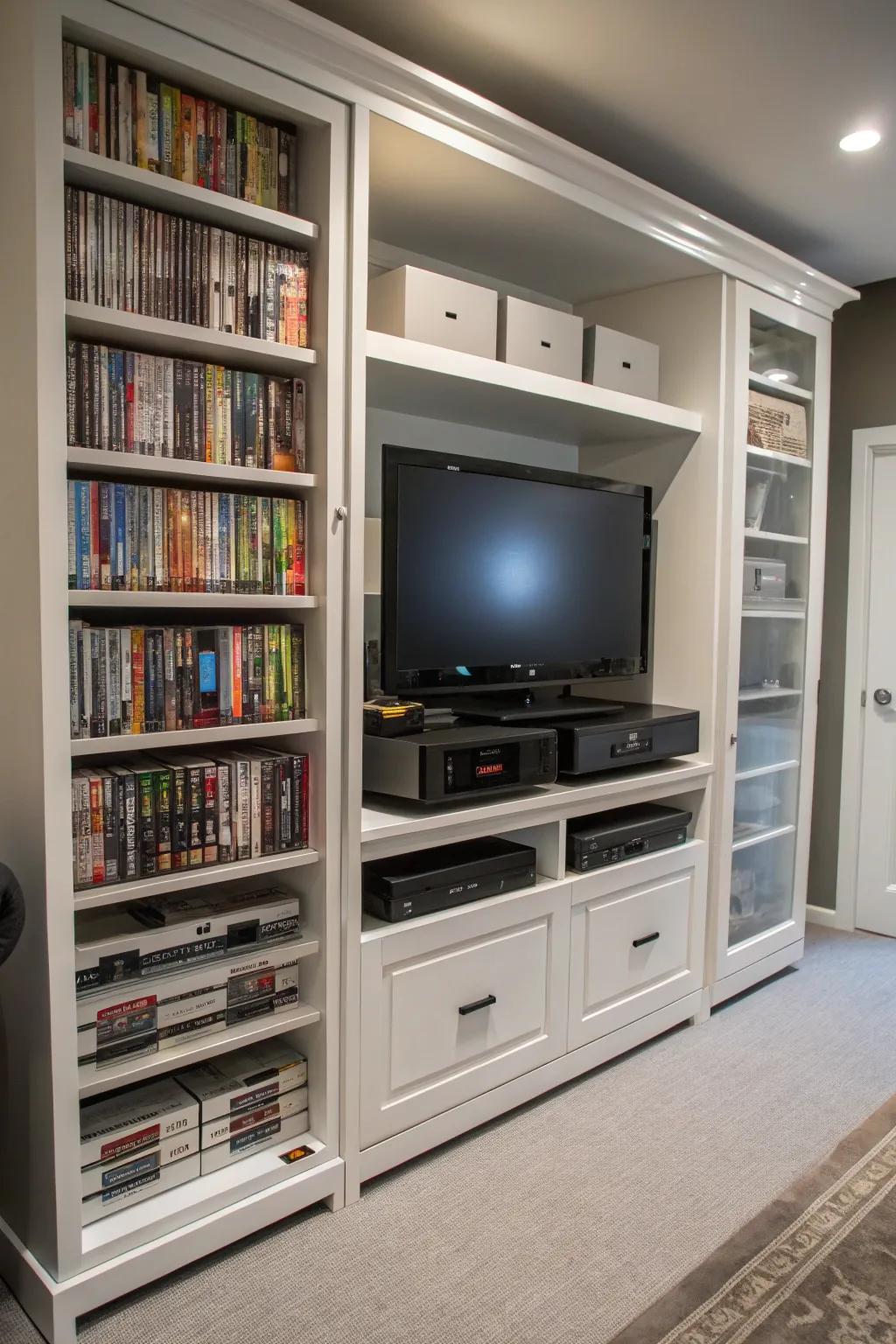 An entertainment center featuring both exposed and concealed storage options.