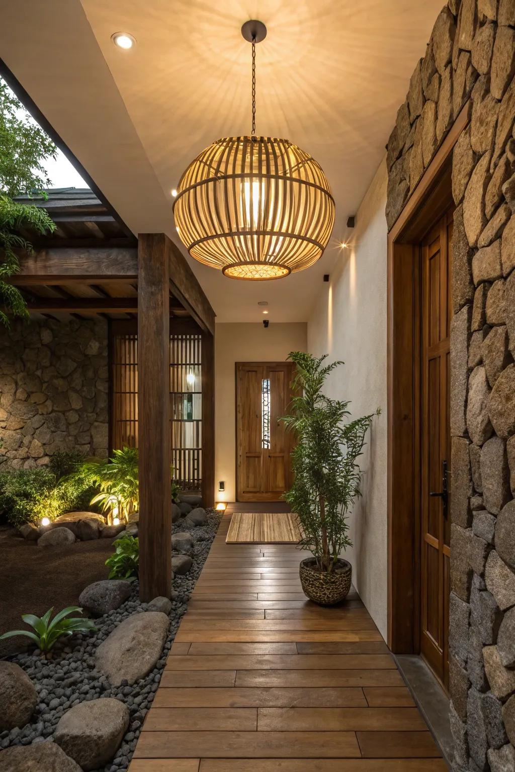 An entrance showcasing a bamboo light fixture to furnish an organic and warm ambiance.