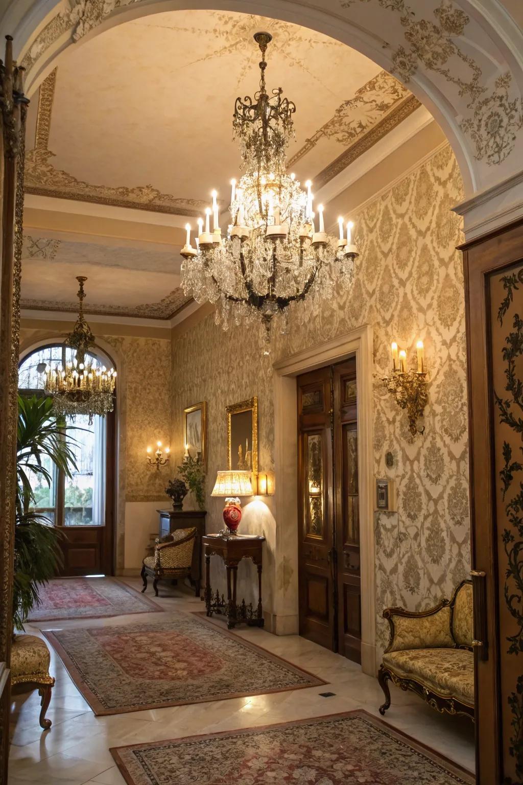 A sophisticated entryway featured classic damask wallpaper for timeless elegance.