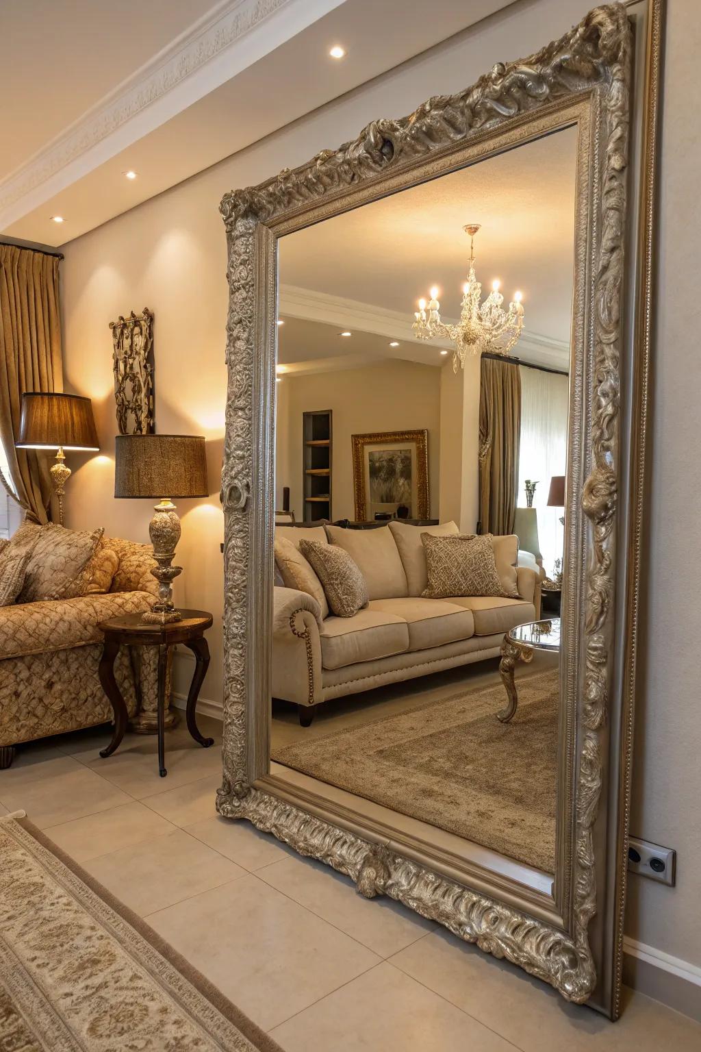 A feature reflector contributes dimension and elegance to this European-inspired living space.