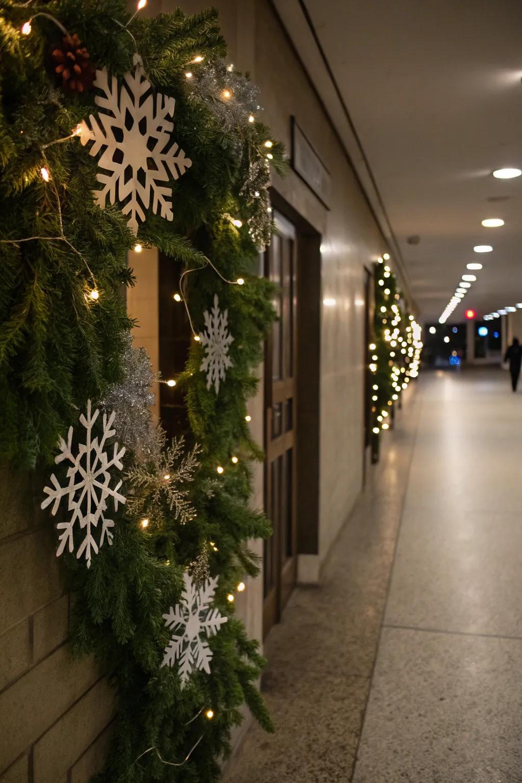 A winter-themed swag featuring snowflakes in a hallway setting.