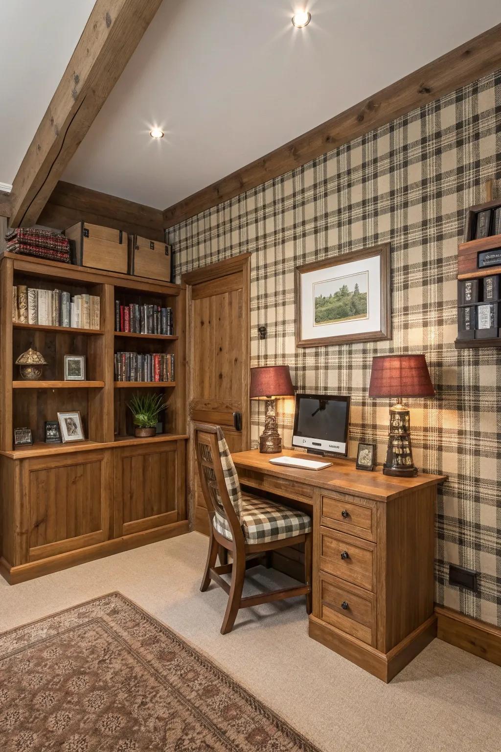 Wallpaper with unexpected plaid gives off a rustic vibe.