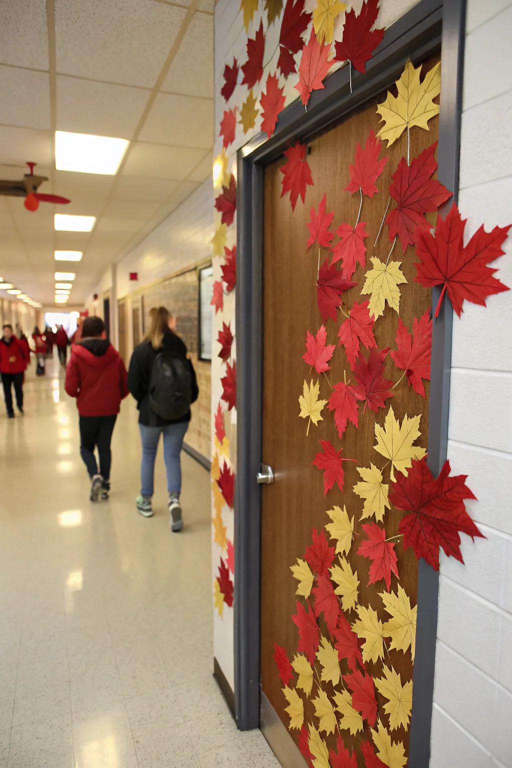 Maple leaf entrance decor in vibrant fall colors.