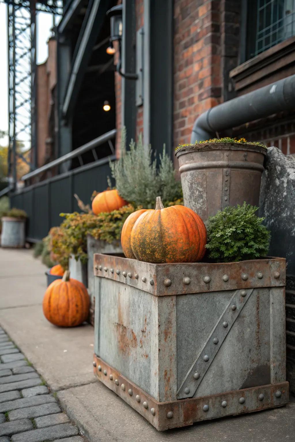 Weathered steel adds an industrial edge to gourd arrangements.