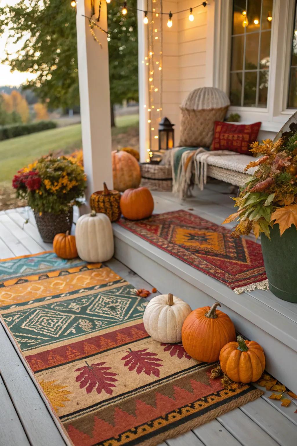 Layered floor coverings contribute depth and coziness to the autumnal entryway arrangement.