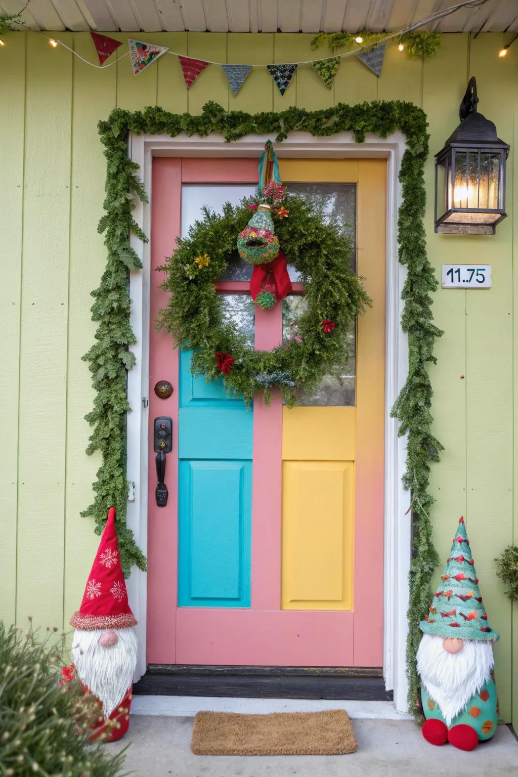A gnome-themed wreath appends caprice and amusement to your entrance.