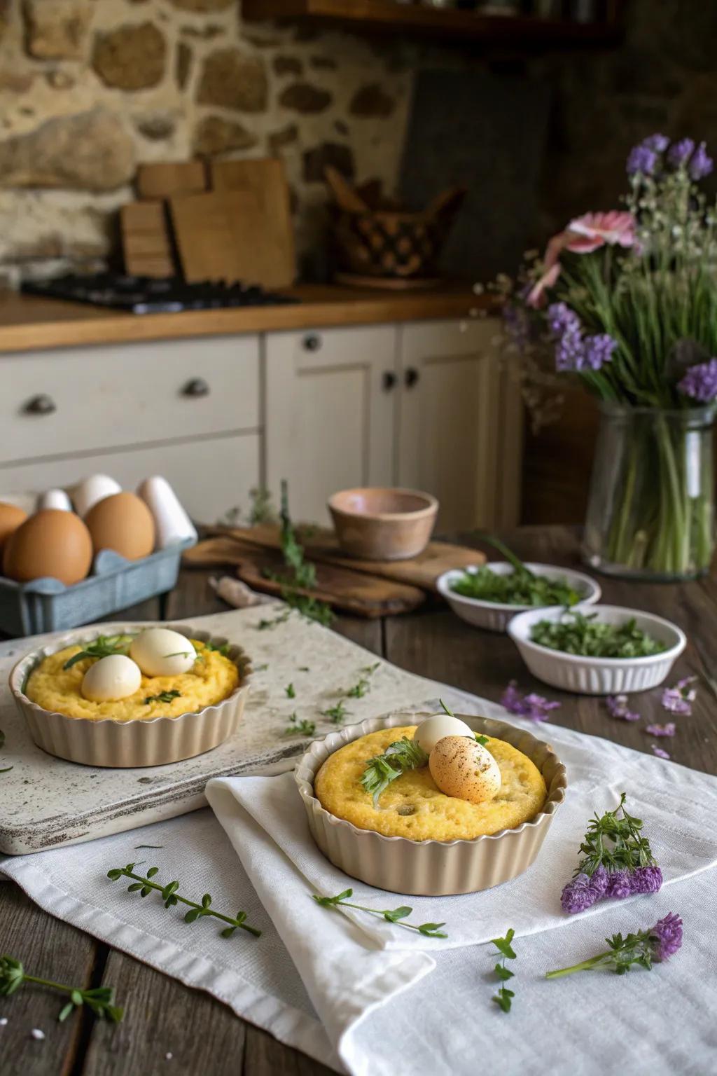 Eggs within golden vessels present a distinctive and delightful texture.