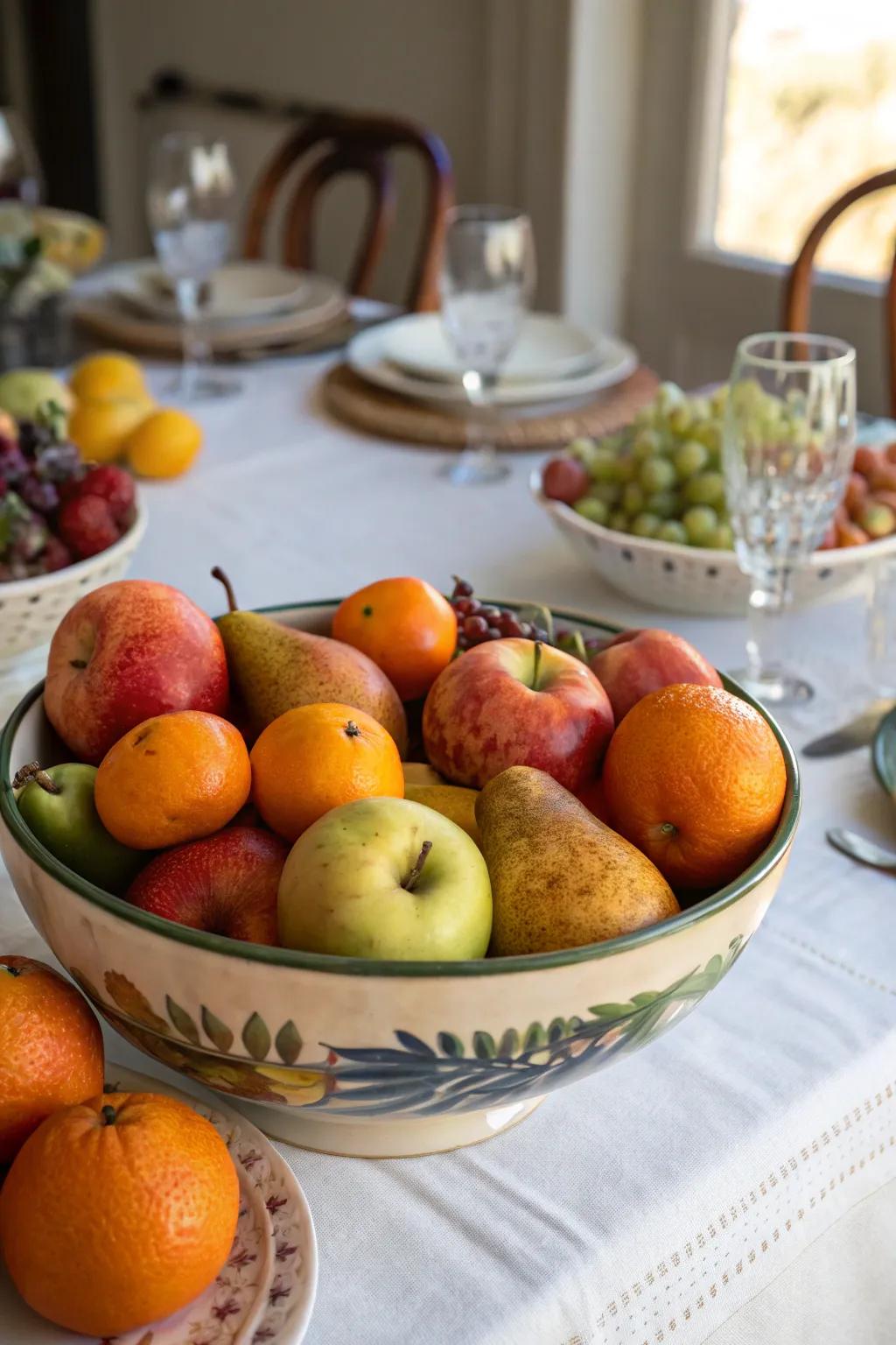 A bowl of in-season fruits injects color, texture, and a tasty treat.