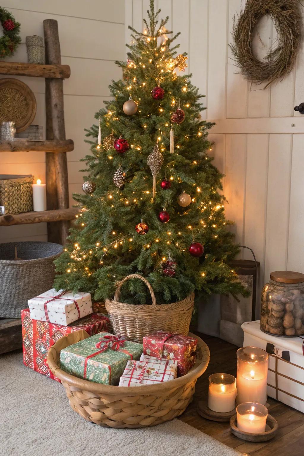 A basket sleeve provides a functional and trendy foundation for this tree.
