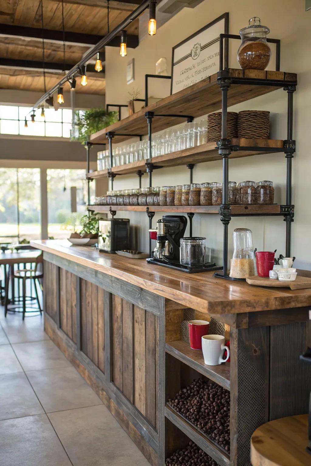 Industrial charm with handmade plumbing pipe shelves.