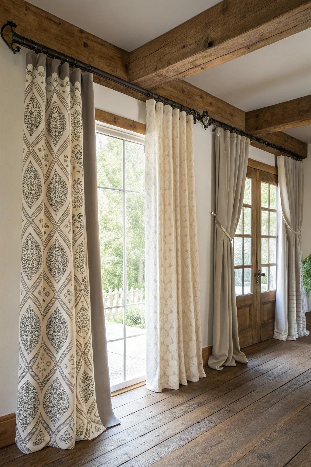 Contemporary farmhouse curtains blending traditional patterns with contemporary colors.