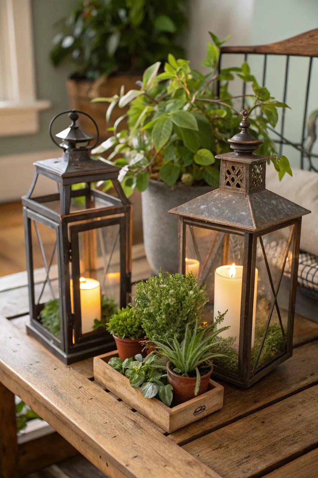 Lanterns can double as creative flora containers.