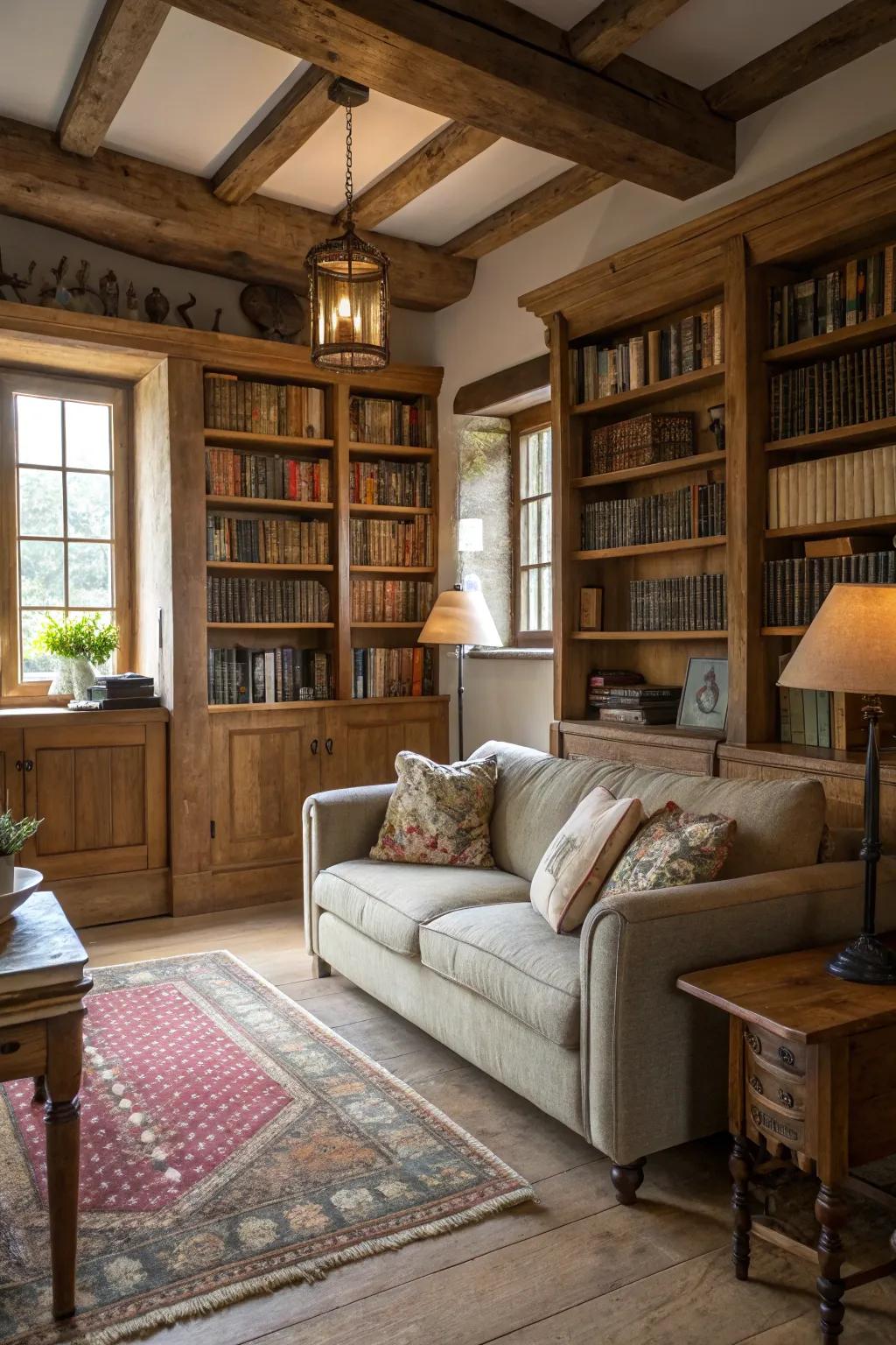 A relaxing area using a sofa gives a relaxed location for reading and relaxing.