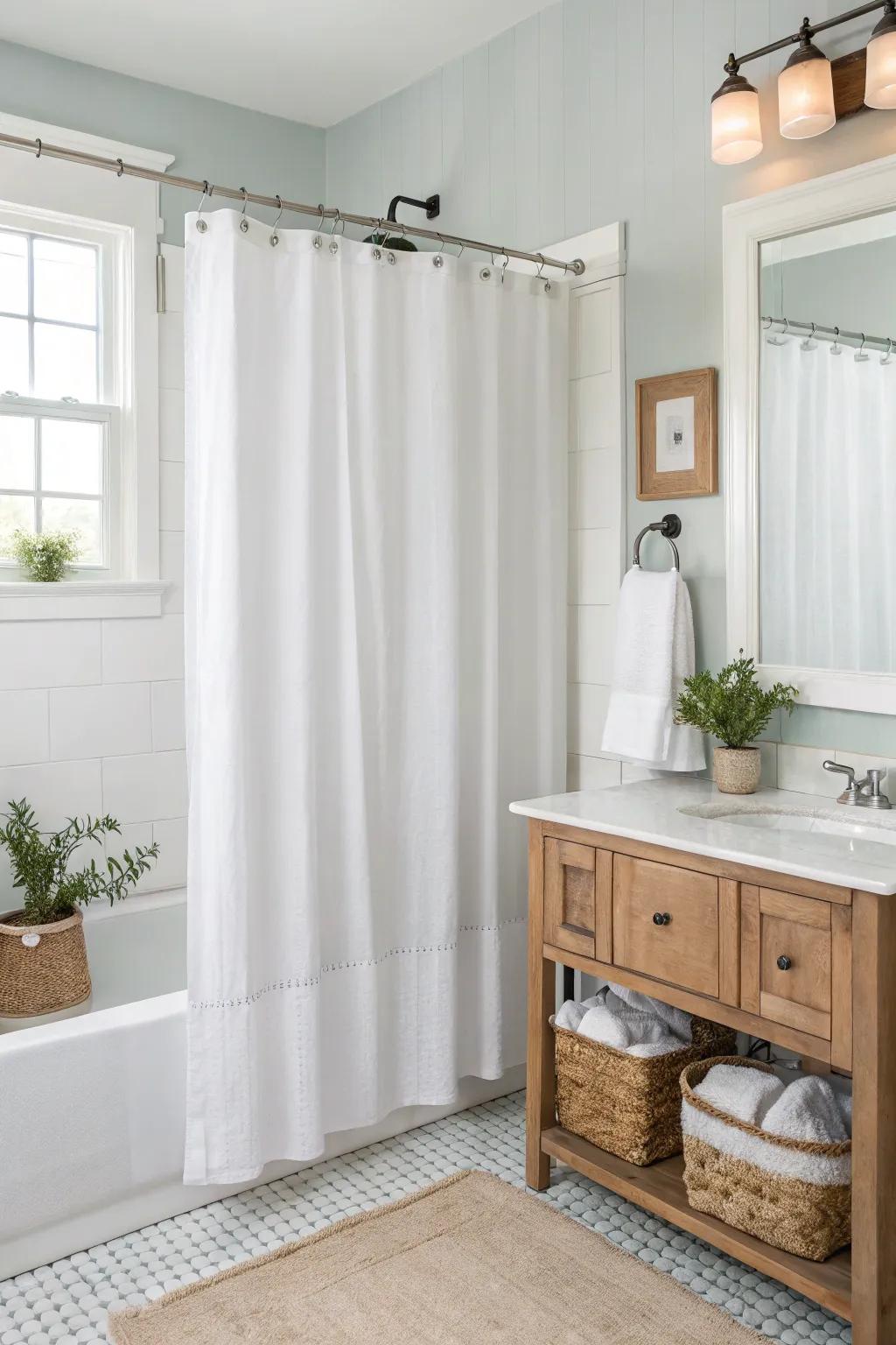A bright bathroom with a soft white shower drape and minimalist decor.