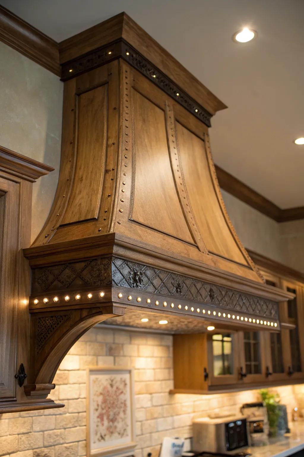 Spot illumination highlights the features of a wood range hood.