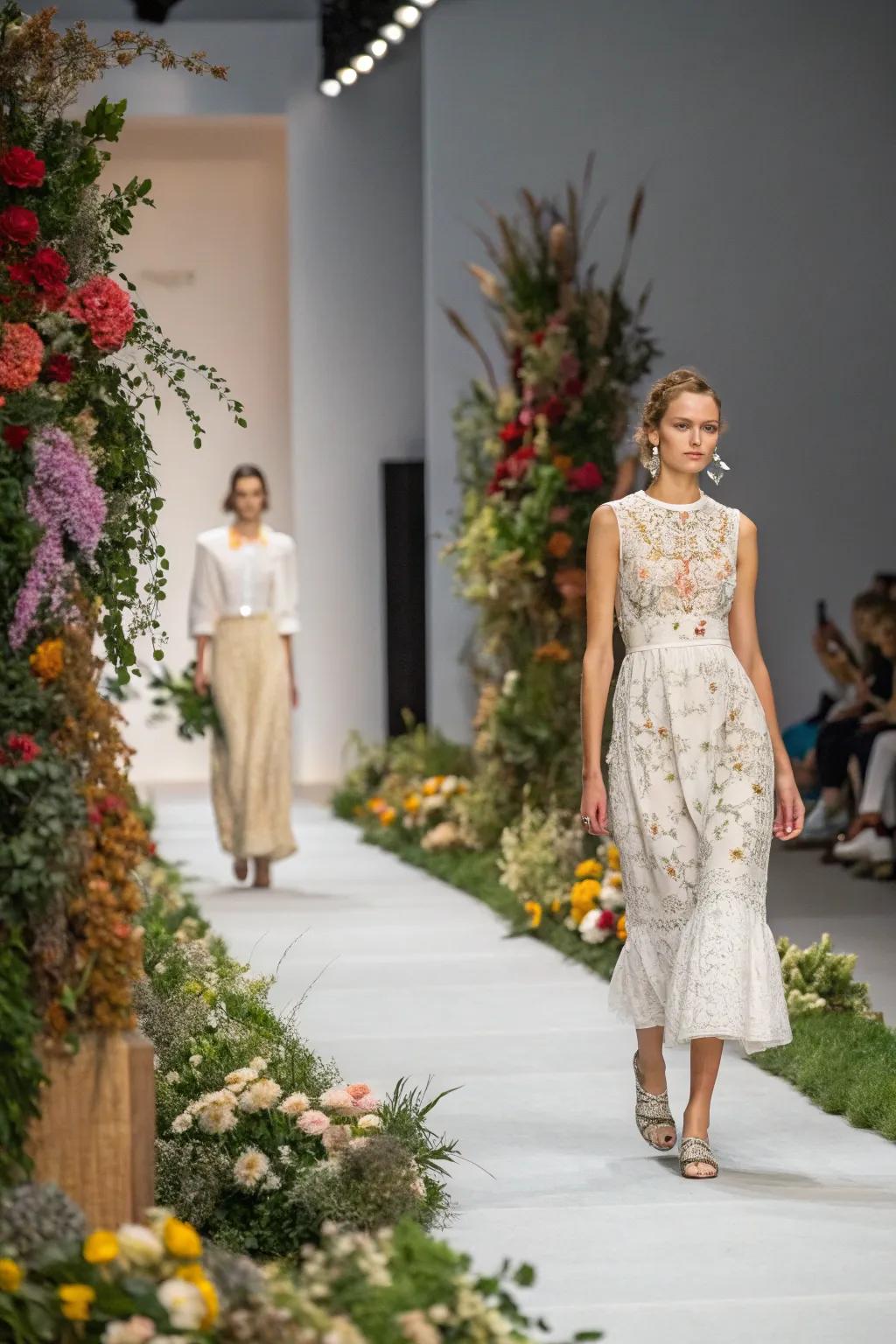 Period-specific bloom placements introduce a touch of elegance to the fashion runway.