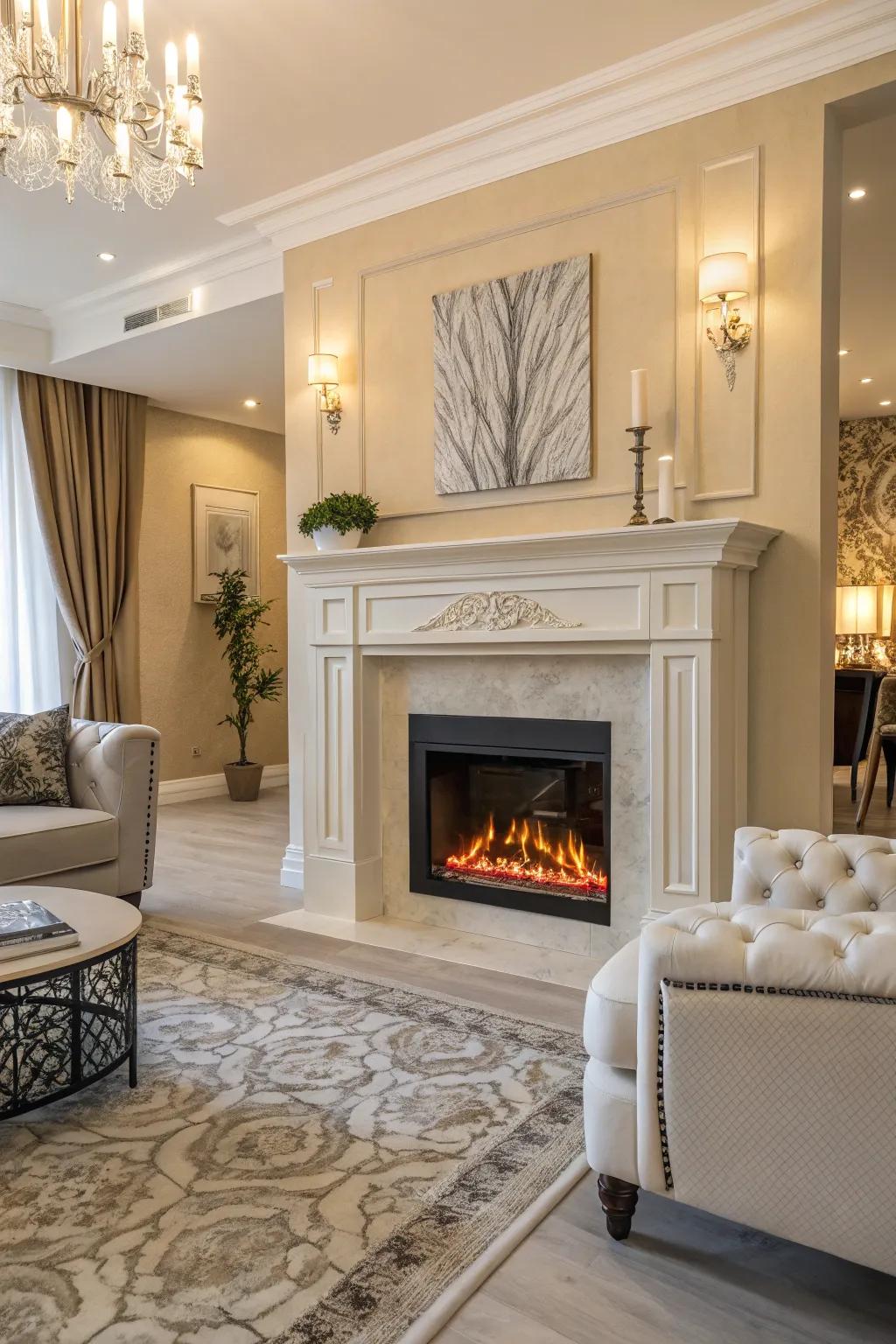 An artificial fireplace using a beautifully painted falsification of authentic flames.