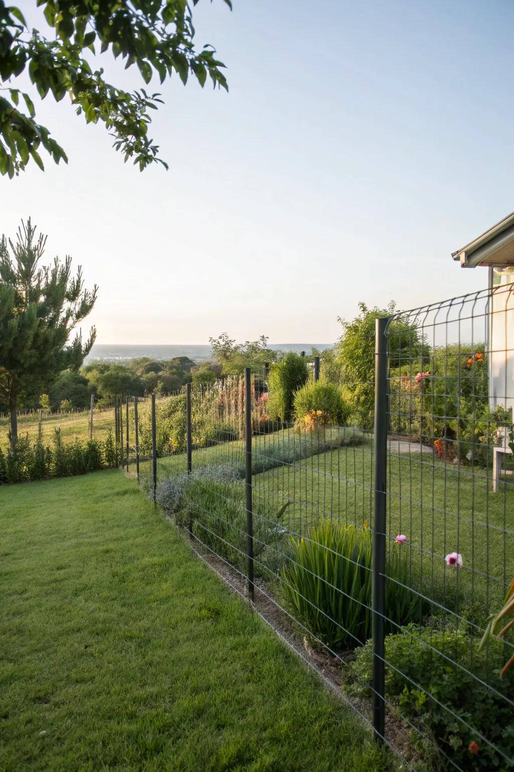 Wire fencing proffers a minimalist blueprint that accentuates the garden.