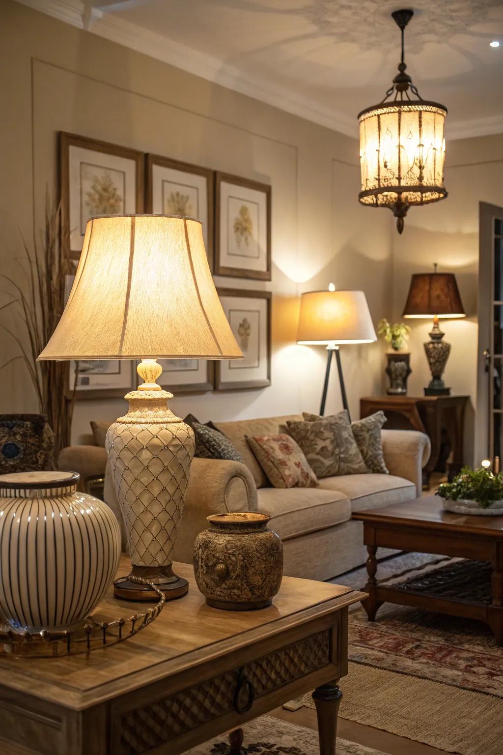 Layered lighting enhances room atmosphere and mood.