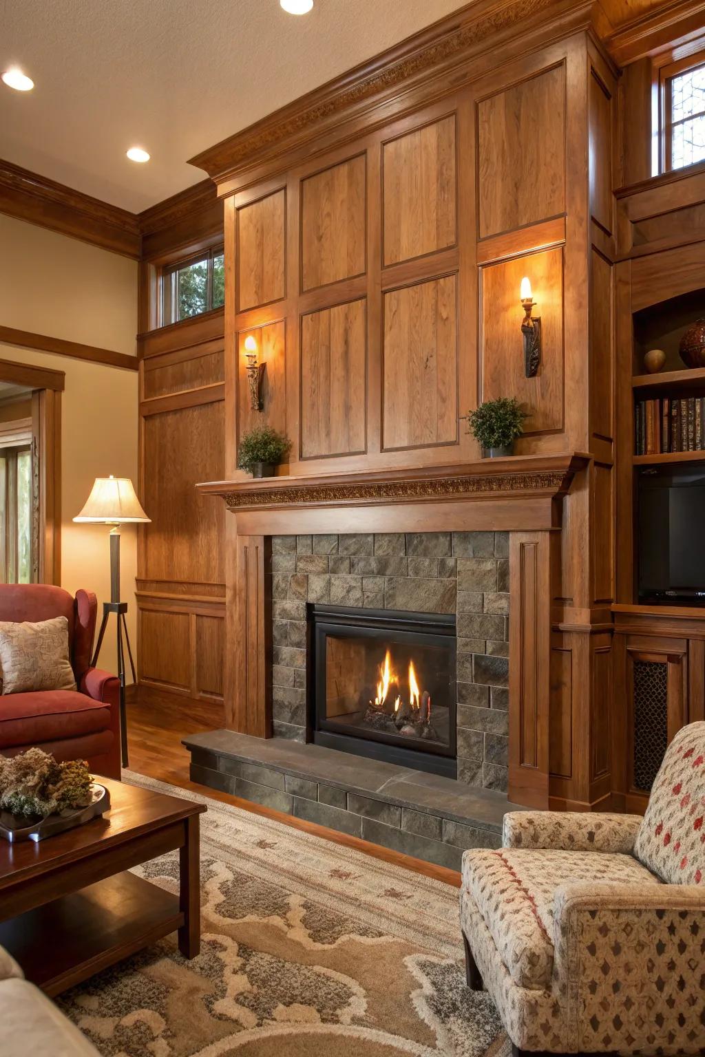 Mixed timber tones bring warmth and depth to the fireplace.