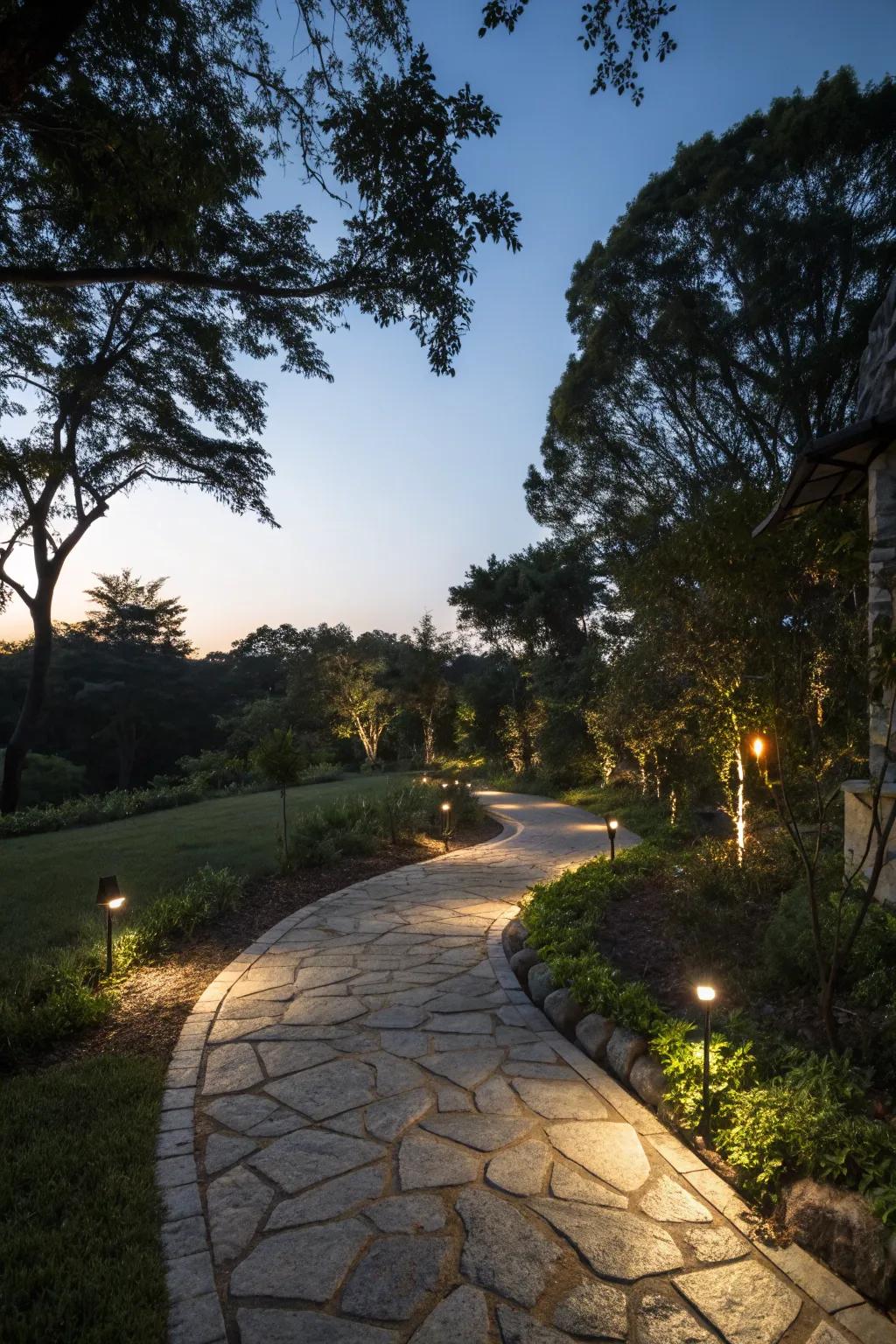 A slate path beautifully lit for enchanting evening walks.