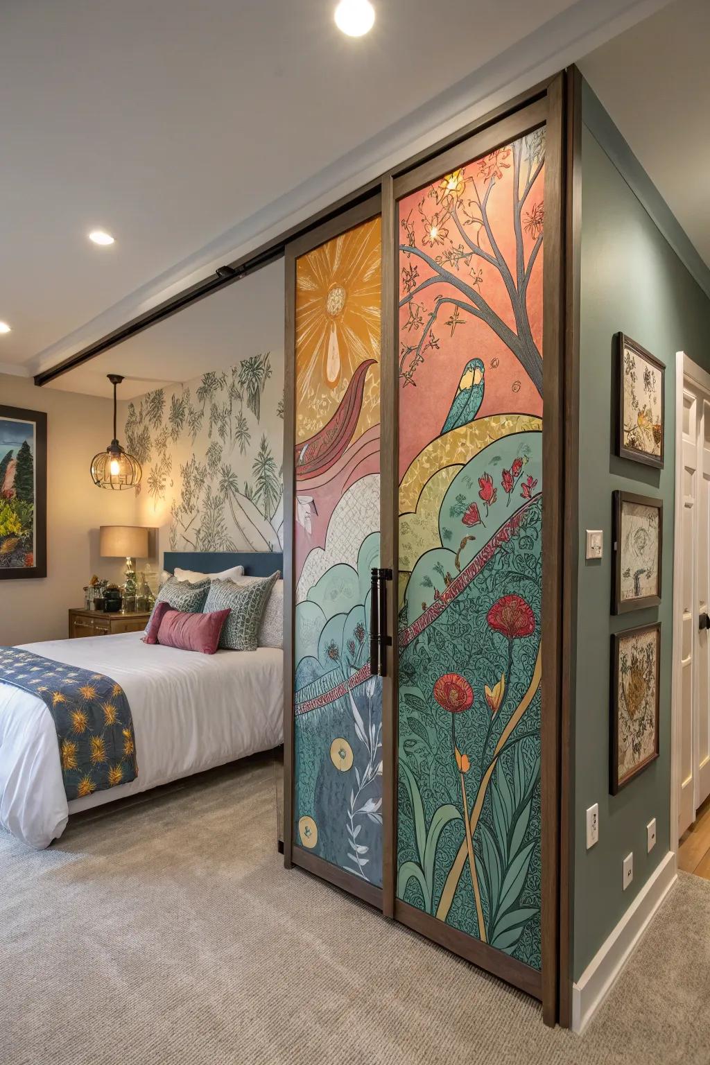 Creative wall art turns closet doors into an artistic canvas.