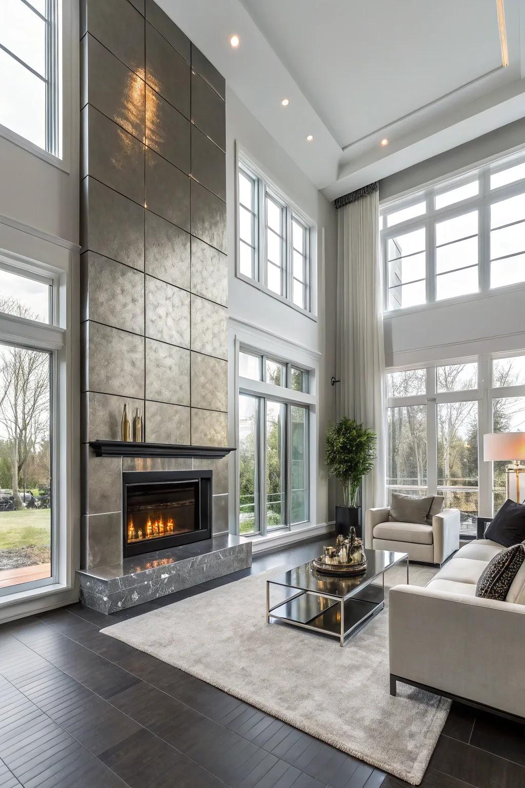 A contemporary space with a metallic-accented floor-to-ceiling fireplace.