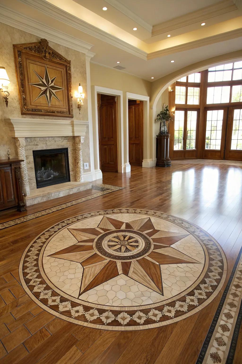 Tile medallion transition creates a grand floor feature.