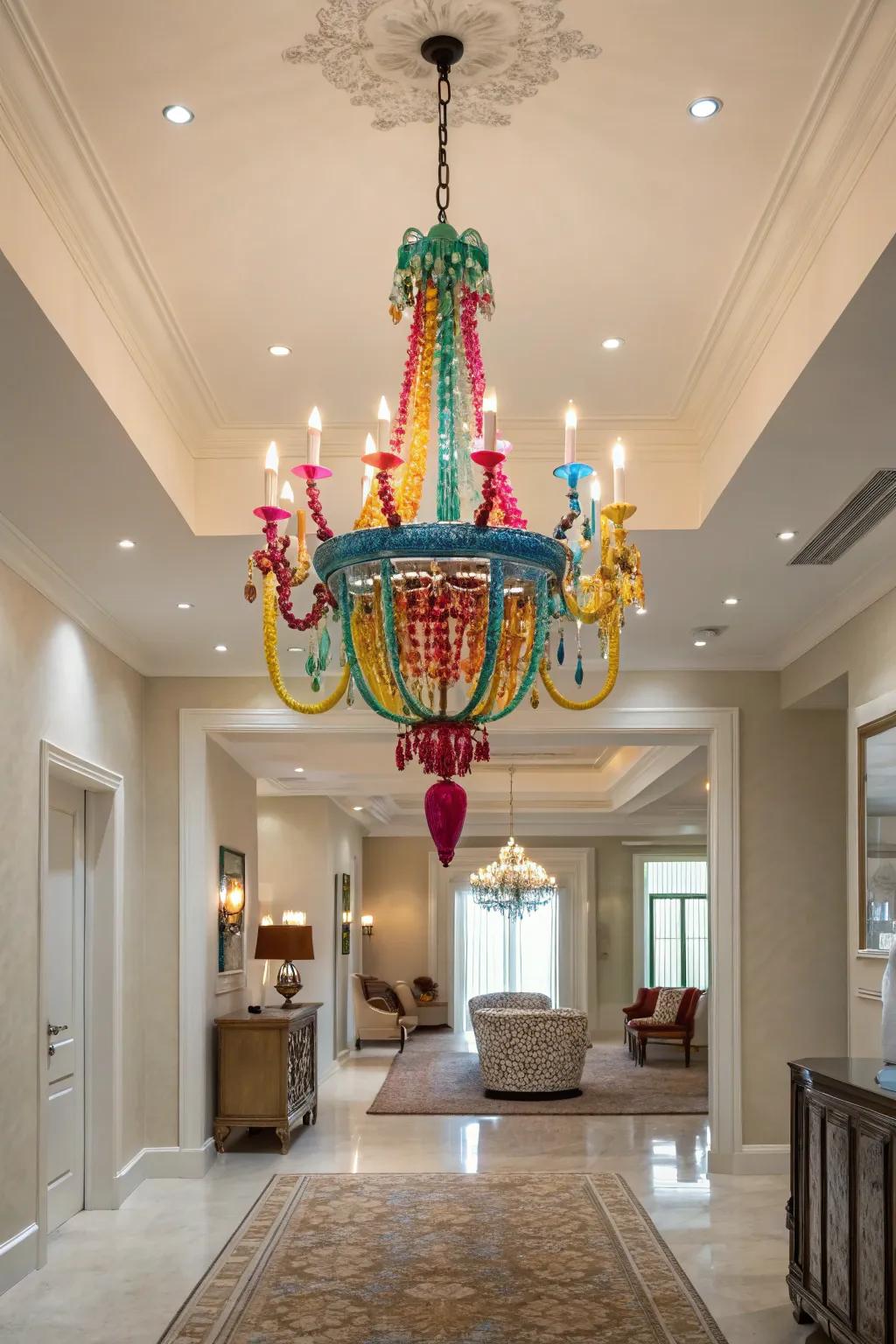 A colorful chandelier adds a playful burst to this neutral entrance hall.