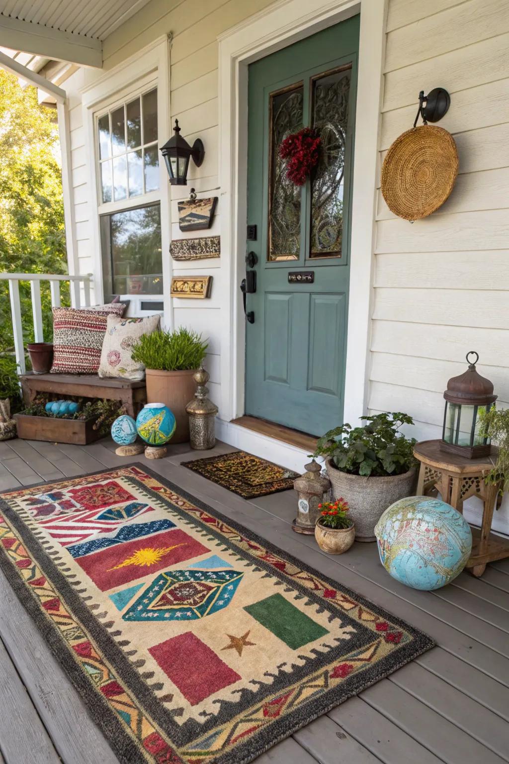 A culturally inspired doormat with global patterns.
