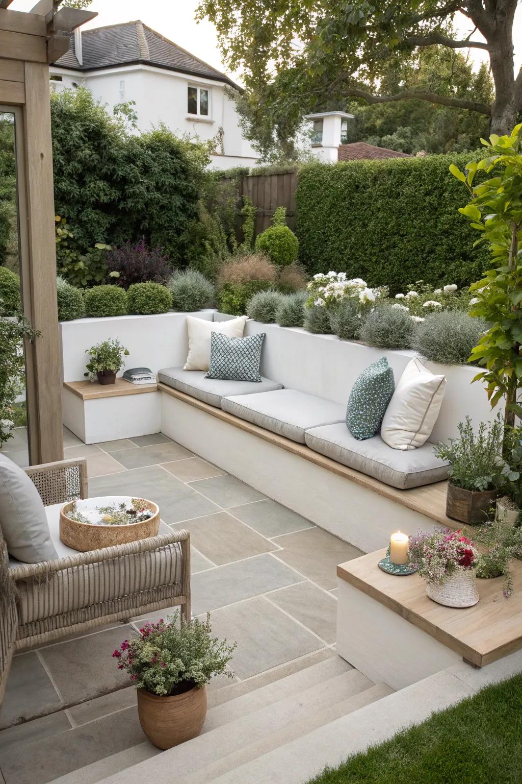 Integrated seating offers a streamlined and harmonious porch design.