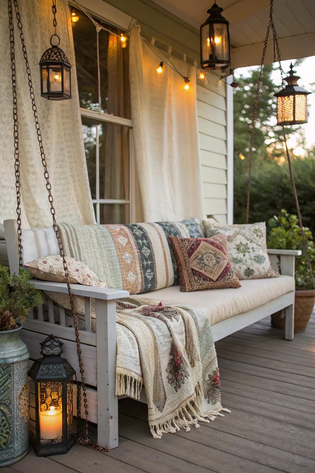A bohemian bench with fabrics and lights creates a relaxed vibe.