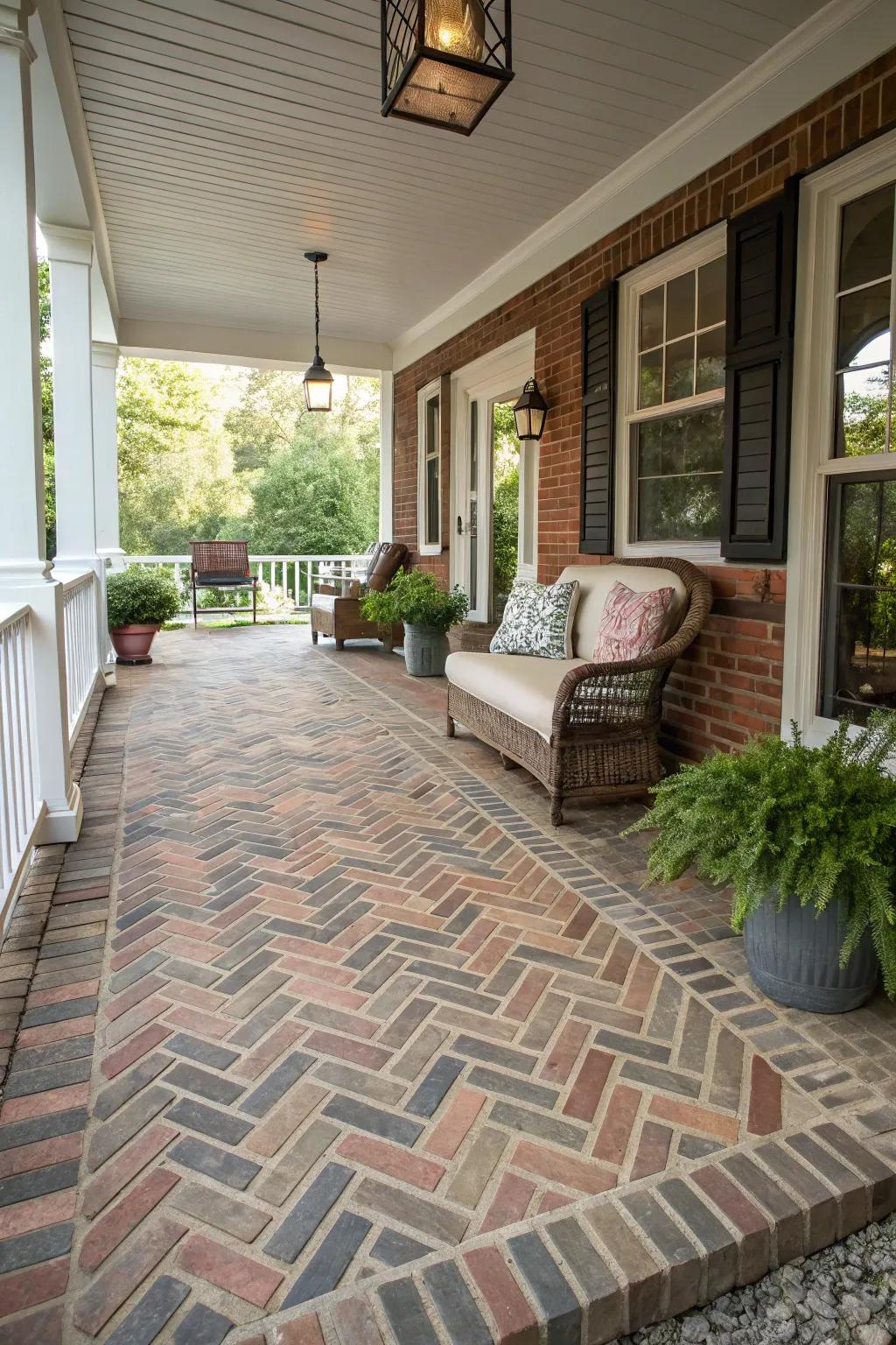 Herringbone patterns add a stylish and bold touch to porch flooring.